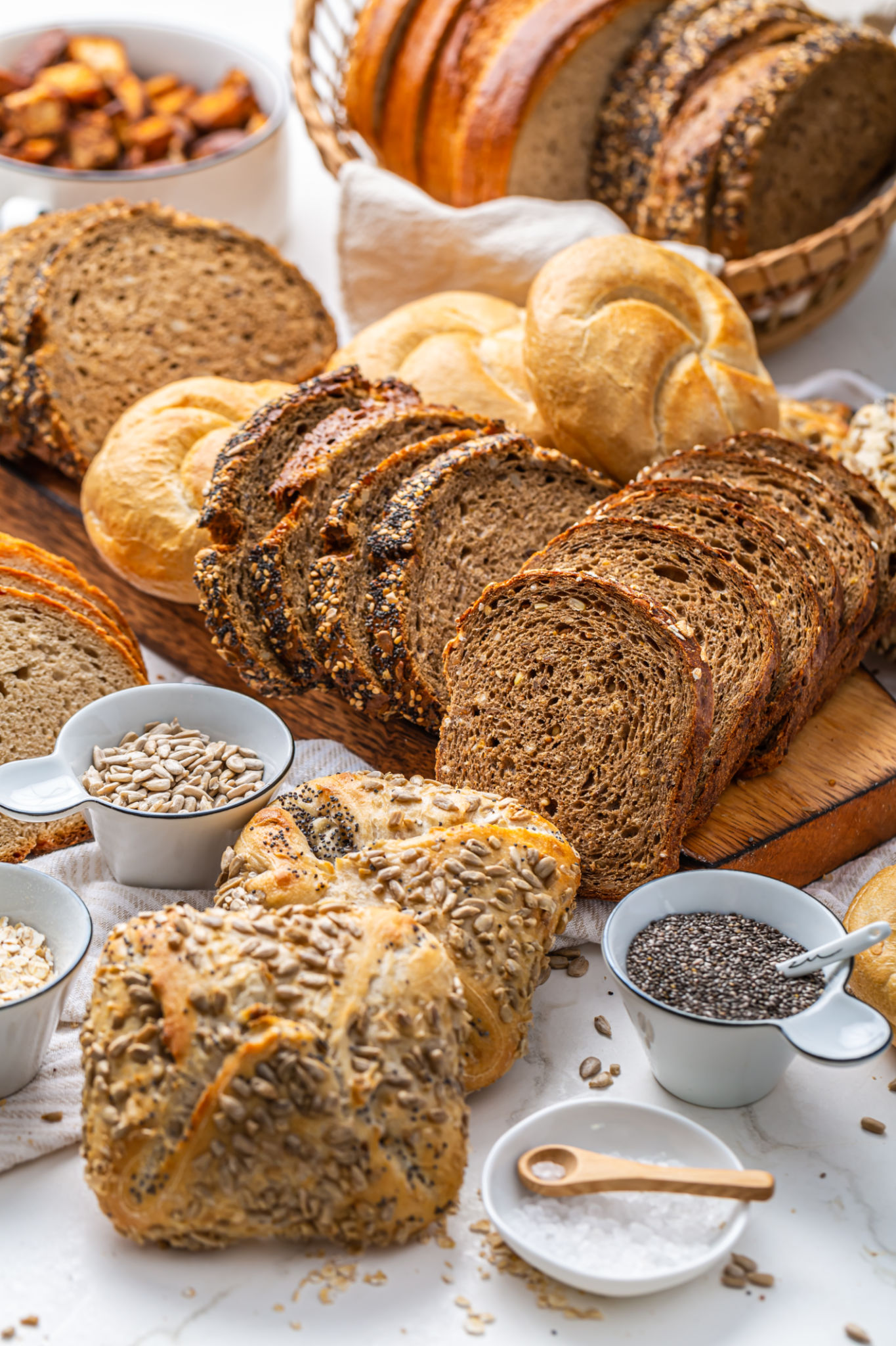 Assortment of different kind of cereal bakery bread with healthy seeds