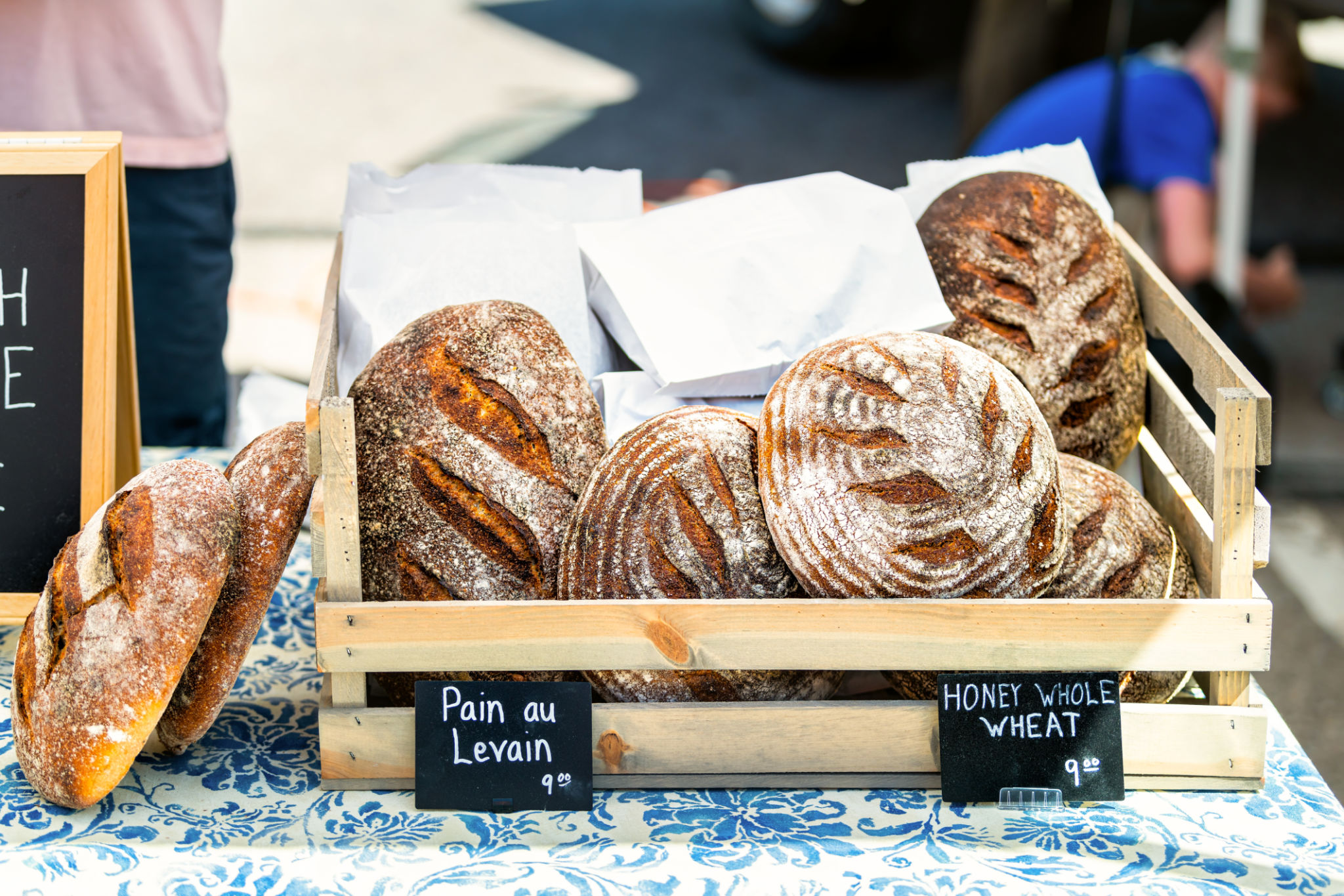 Closeup of fresh traditional baked sourdough bread loaves