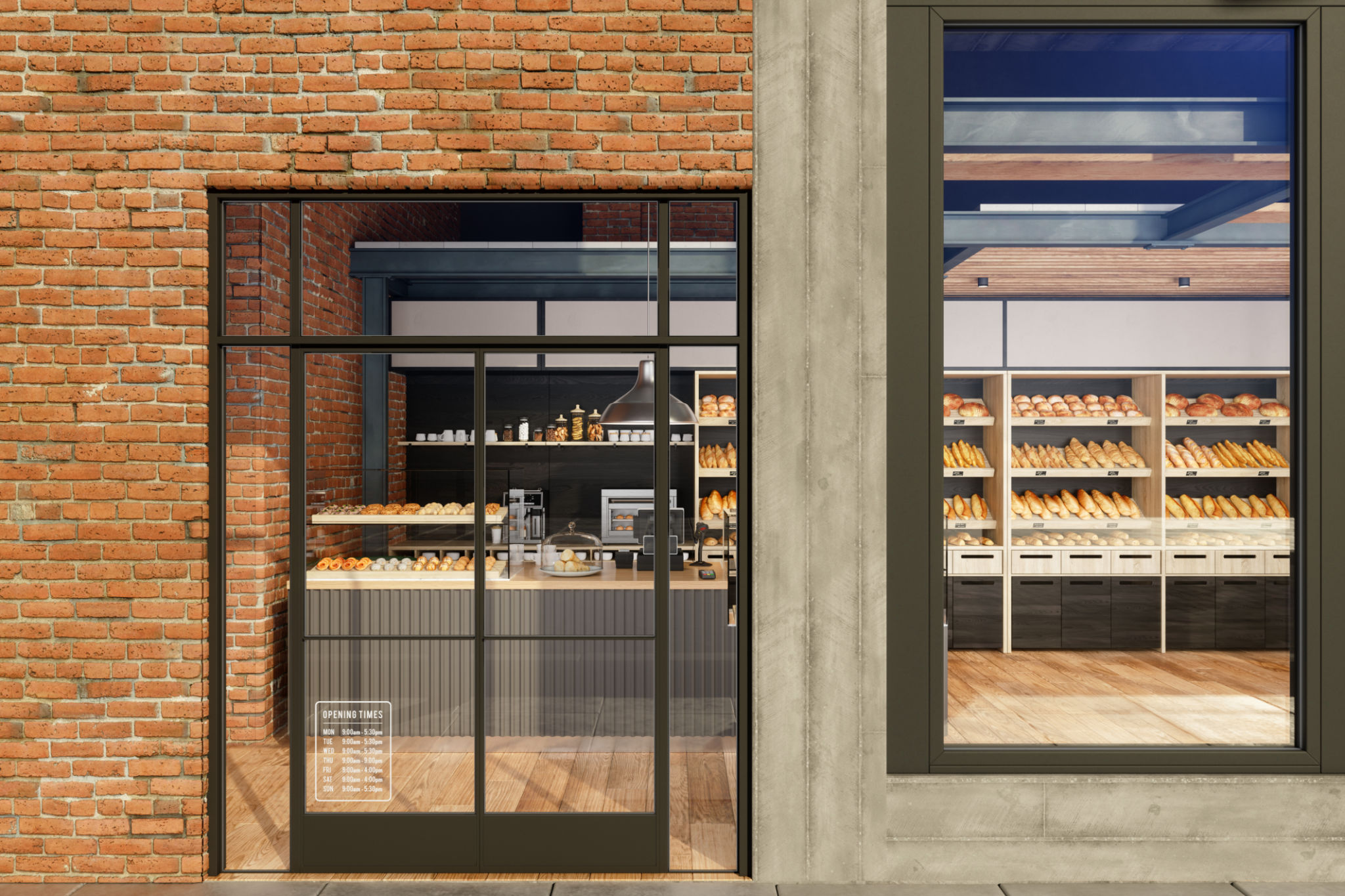 Exterior of bakery shop with various breads and buns on the shelves