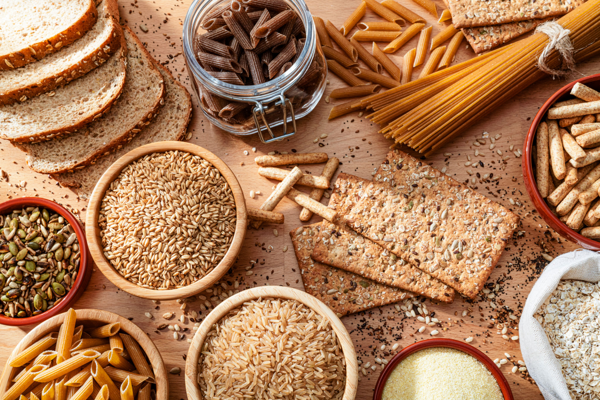 Healthy eating and dieting top view of wholegrain and cereal composition